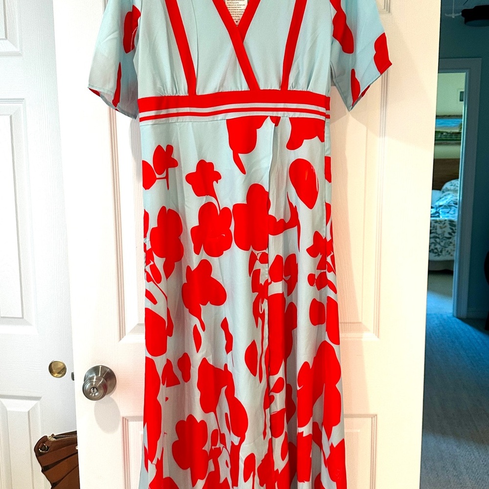 Red and Light Blue Floral Dress